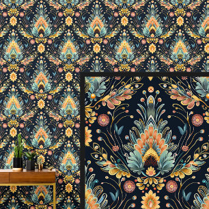 Aqua Blue Orange Yellow Gold Art Nouveau Wallpaper