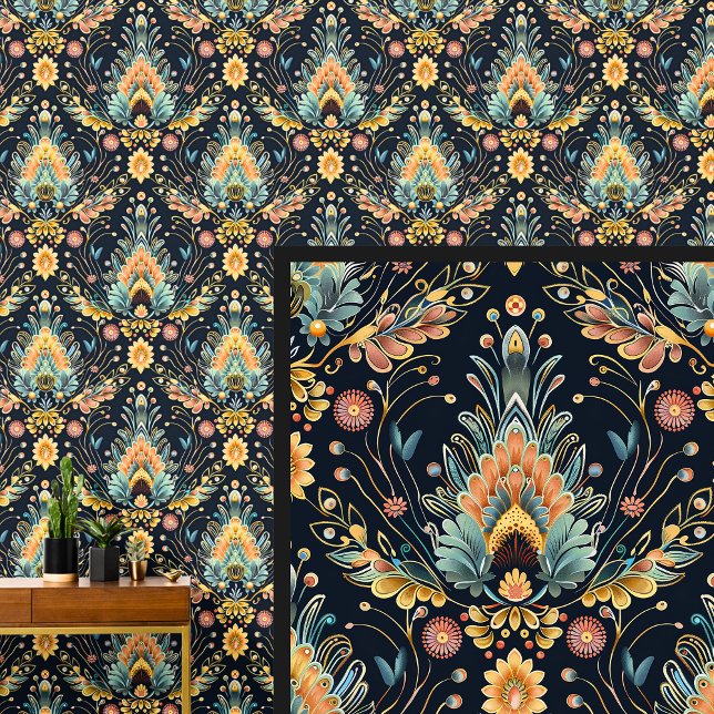 Aqua Blue Orange Yellow Gold Art Nouveau  Wallpaper (Creator Uploaded)