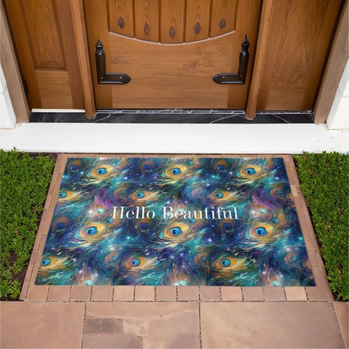 Aqua Blue Painted Peacock Feathers Doormat