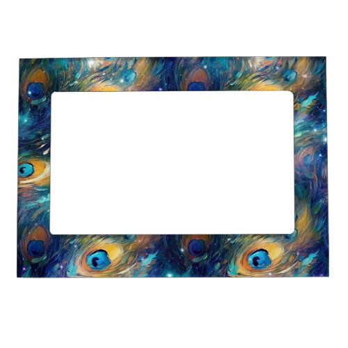 Aqua Blue Painted Peacock Feathers Magnetic Frame