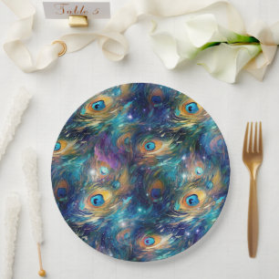 Aqua Blue Painted Peacock Feathers Paper Plates
