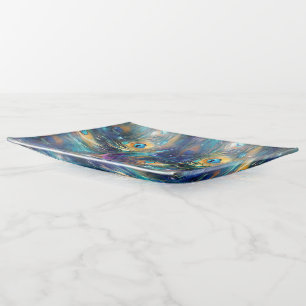 Aqua Blue Painted Peacock Feathers Trinket Tray
