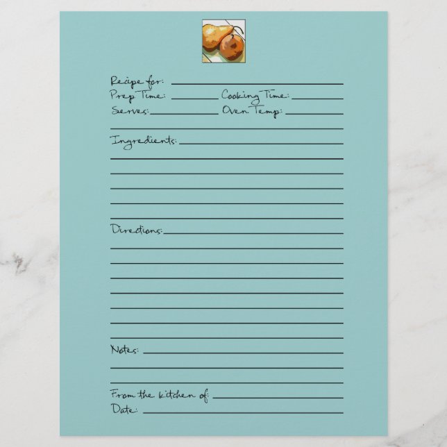 Aqua Blue Pair of Pears Recipe Pages (Front)
