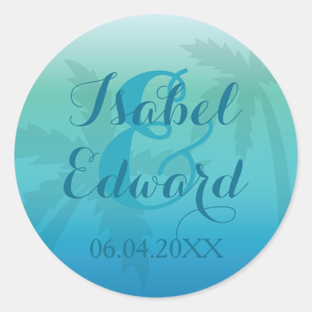Aqua Blue Palm Tree Custom Names And Date Wedding Classic Round Sticker (Front)
