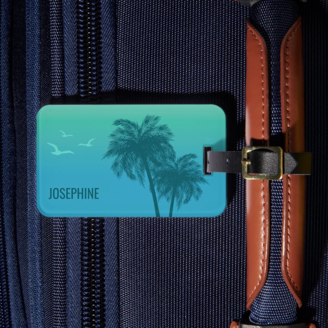 Aqua Blue Palm Trees And Birds Tropical Summer Luggage Tag (Front Insitu 4)