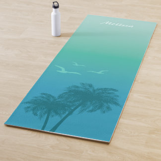 Aqua Blue Palm Trees And Birds Tropical Summer Yoga Mat