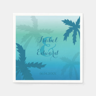 Aqua Blue Palm Trees With Names And Date Wedding Paper Napkins