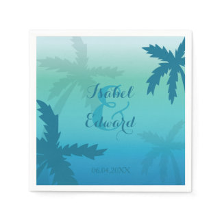 Aqua Blue Palm Trees With Names And Date Wedding Paper Napkins