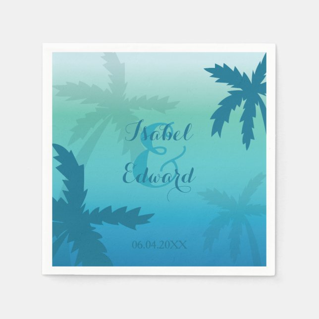 Aqua Blue Palm Trees With Names And Date Wedding Paper Napkins (Front)