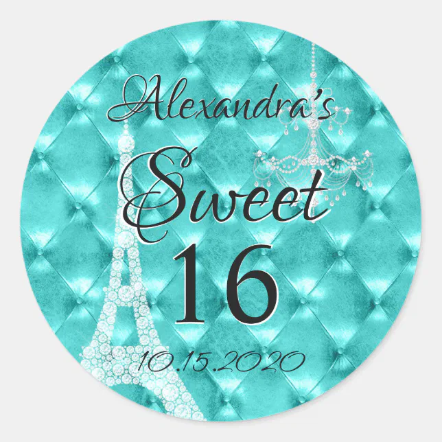 Aqua Blue Paris Sweet Sixteen Birthday Party Classic Round Sticker | Zazzle