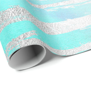 Aqua Blue Pastel Silver Strokes Watercolor Wrapping Paper