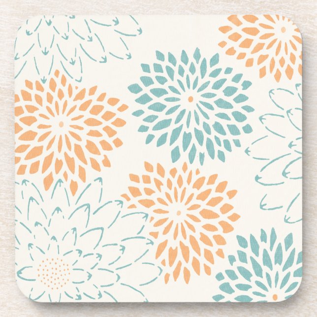 Aqua Blue Peach White Floral Beverage Coaster (Front)