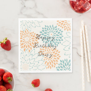 Aqua Blue Peach White Floral Birthday Napkins