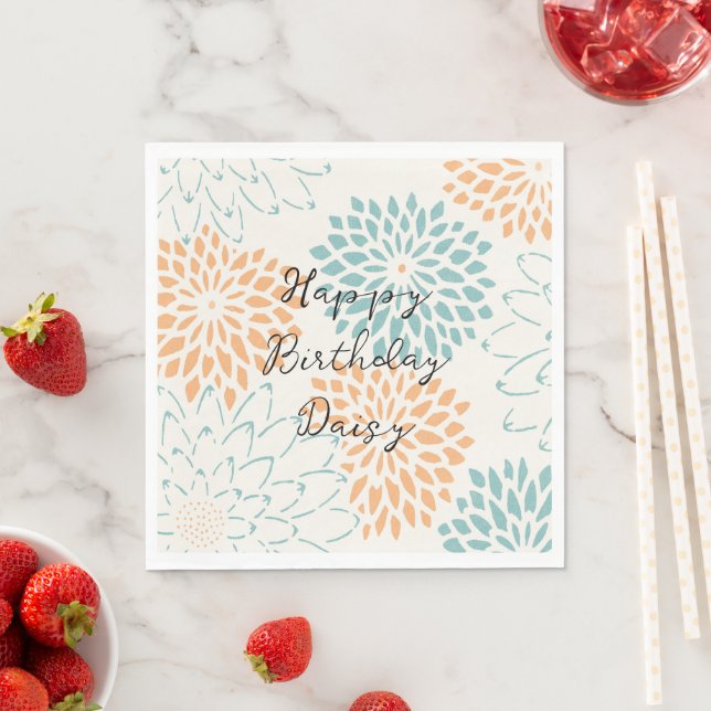 Aqua Blue Peach White Floral Birthday Napkins (Insitu)