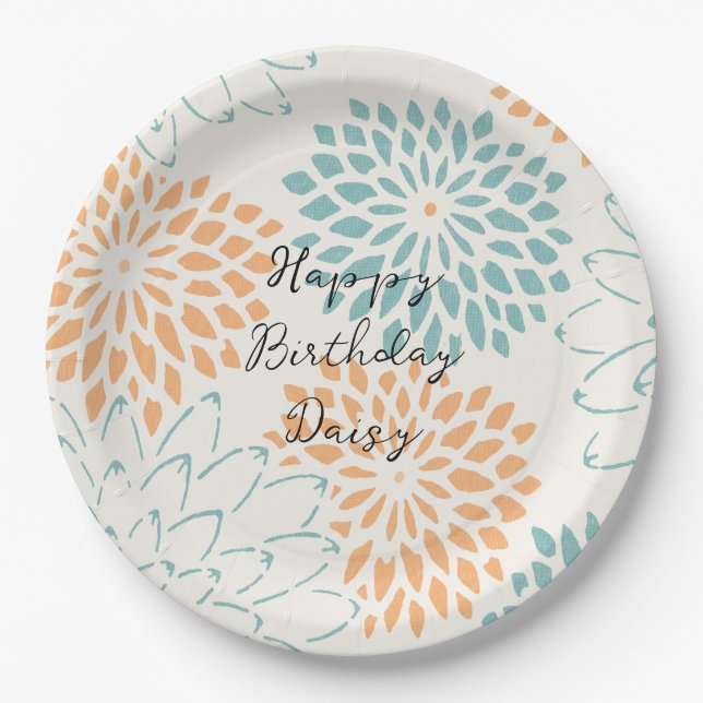 Aqua Blue Peach White Floral Birthday Paper Plates (Front)