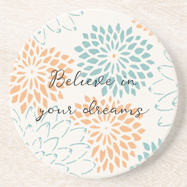 Aqua Blue Peach White Floral Coaster (Front)