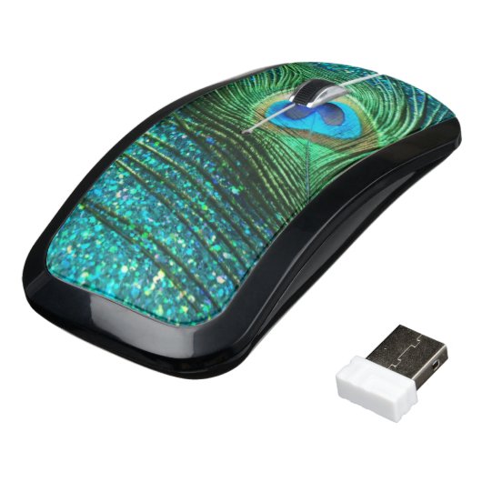 Aqua Blue Peacock Wireless Mouse (Angled)