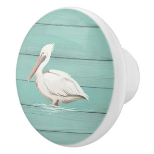 Aqua Blue Pelican Bird Faux Wood Drawer knob