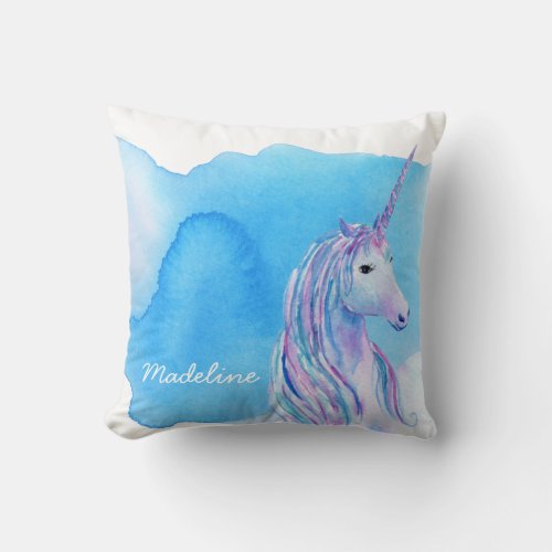 Aqua Blue Personalized Watercolor Unicorn Throw Pillow