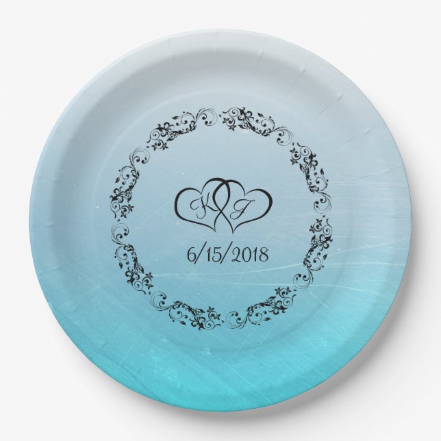Aqua Blue Personalized Wedding Paper Plates (Front)