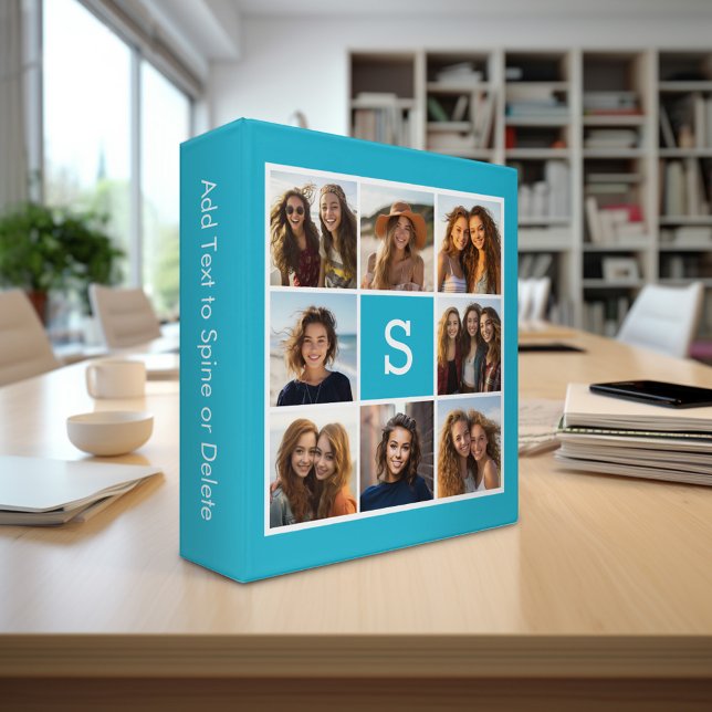 Aqua Blue Photo Collage Custom Monogram 3 Ring Binder (Personalized photo binder)