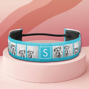 Aqua Blue Photo Collage Custom Monogram Athletic Headband