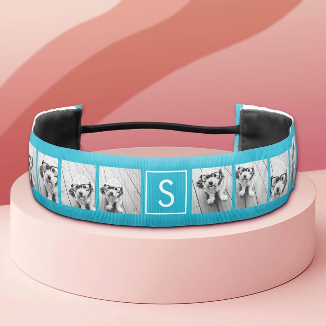 Aqua Blue Photo Collage Custom Monogram Athletic Headband (Custom Hairband)