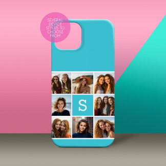 Aqua Blue Photo Collage Custom Monogram iPhone 15 Case