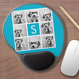 Aqua Blue Photo Collage Custom Monogram Gel Mouse Pad