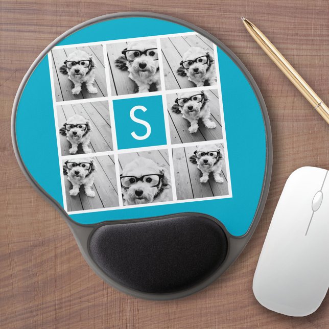 Aqua Blue Photo Collage Custom Monogram Gel Mouse Pad (Custom mouse pad with photos and text)