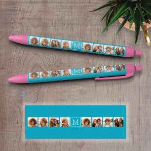 Aqua Blue Photo Collage Custom Monogram Pen