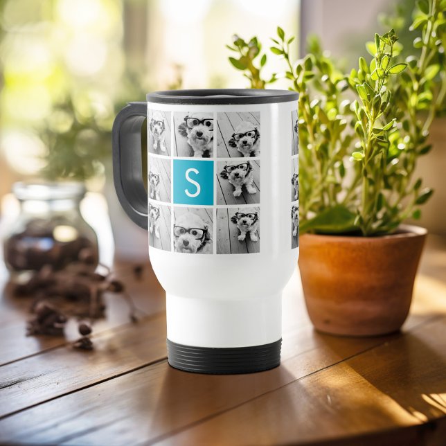 Aqua Blue Photo Collage Custom Monogram Travel Mug (Personalized travel mug - add photos and text or customize completely)
