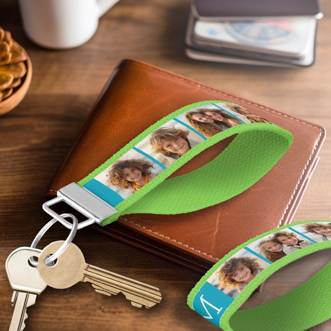 Aqua Blue Photo Collage Custom Monogram Wrist Keychain (Personalized Keychain - Photo Collage and Monogram)