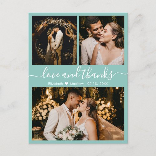 Aqua Blue Photo Collage Wedding Thank You Postcard