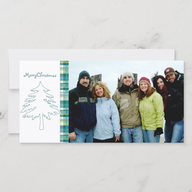 Aqua Blue Pine Tree & Plaid Merry Christmas Holiday Card (Front)