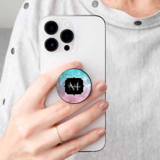 Aqua blue pink black abstract galaxy Monogram PopSocket