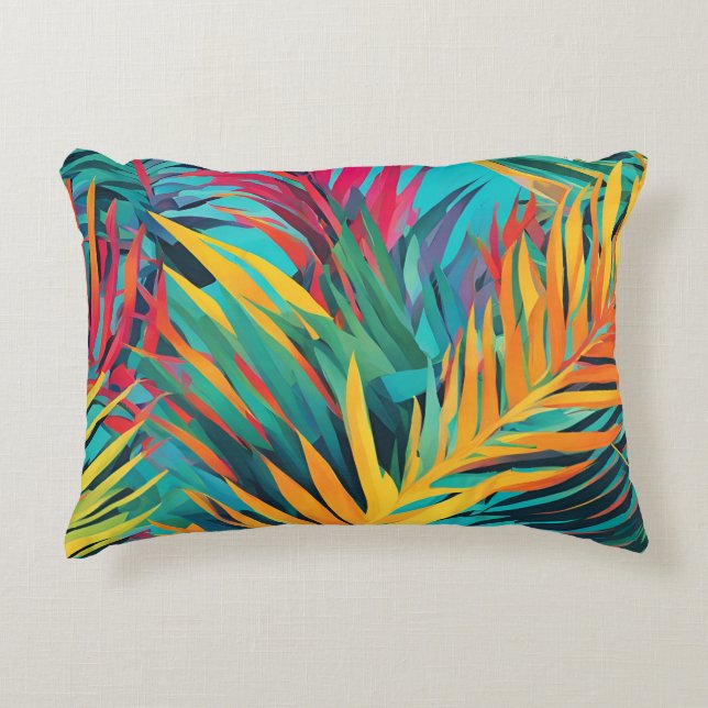Aqua Blue Pink Colorful Palm Leaves Accent Pillow (Front)