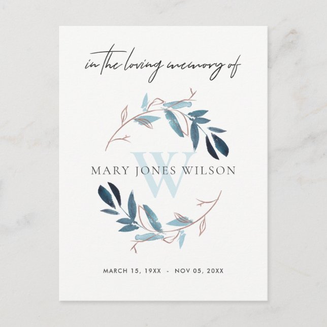 AQUA BLUE PINK FOLIAGE WREATH MEMORIAL THANK YOU INVITATION POSTCARD (Front)