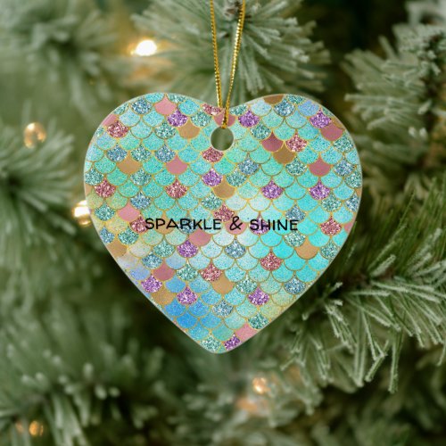 Aqua Blue Pink Gold Glitter Mermaid Ceramic Ornament