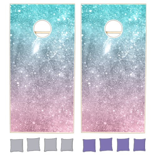 Aqua blue Pink ombre sea galaxy abstract Cornhole Set