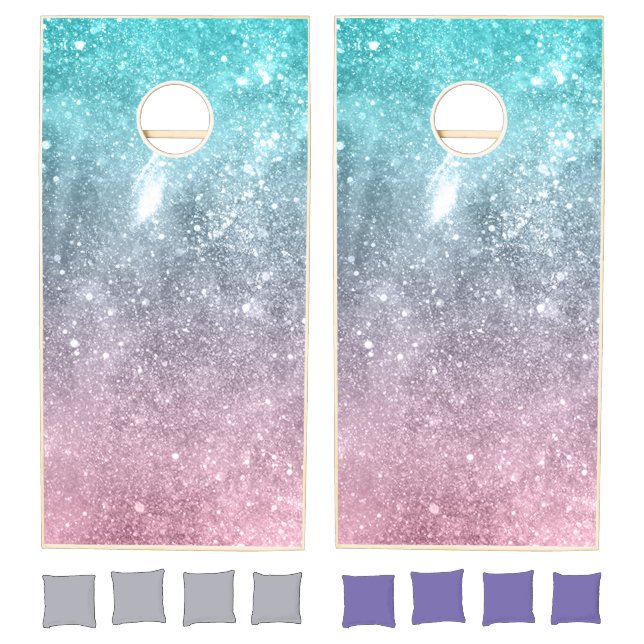Aqua blue Pink ombre sea galaxy abstract Cornhole Set (Set)