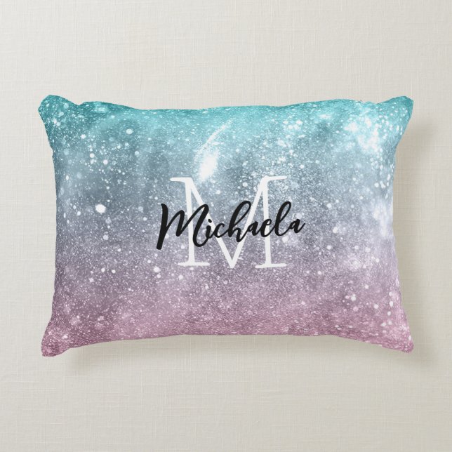 Aqua blue Pink ombre sea galaxy abstract Monogram Accent Pillow (Front)