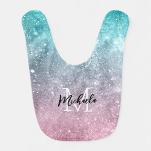Aqua blue Pink ombre sea galaxy abstract Monogram Baby Bib