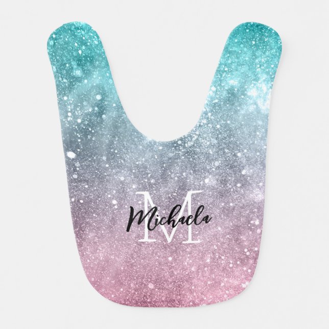 Aqua blue Pink ombre sea galaxy abstract Monogram Baby Bib (Front)