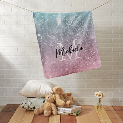 Aqua blue Pink ombre sea galaxy abstract Monogram Baby Blanket