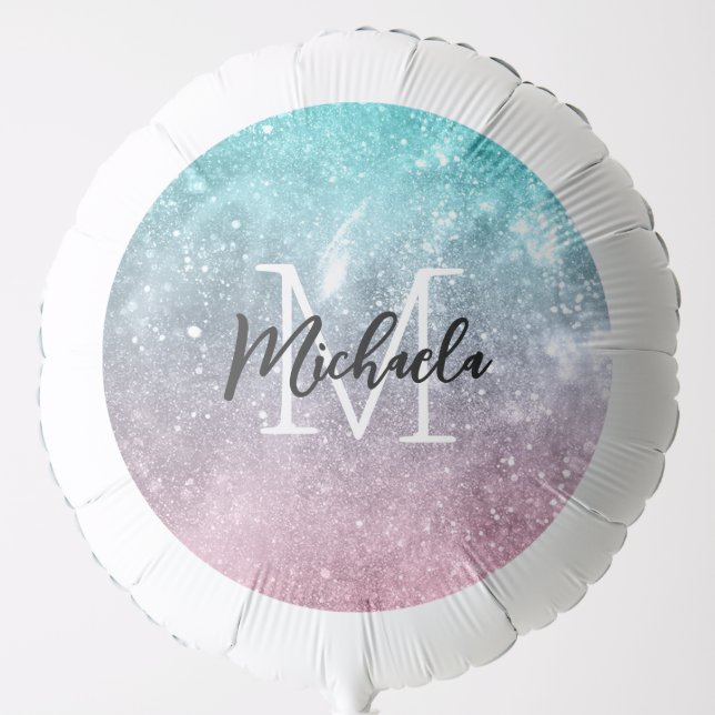 Aqua blue Pink ombre sea galaxy abstract Monogram Balloon (Front)