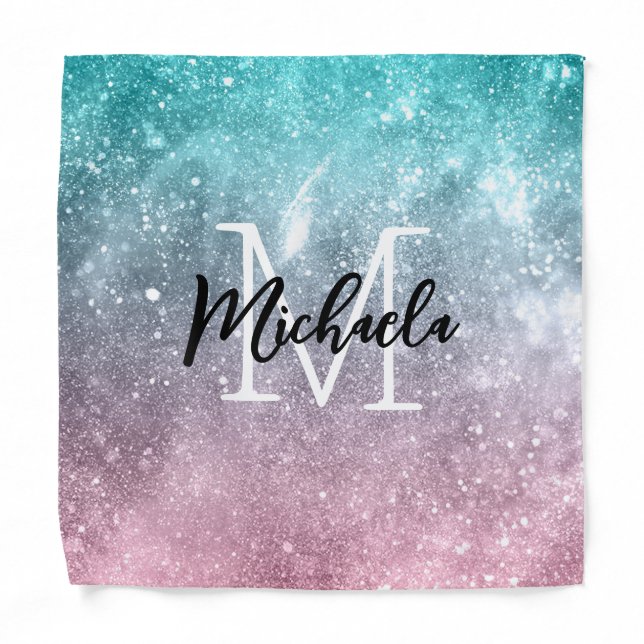 Aqua blue Pink ombre sea galaxy abstract Monogram Bandana (Front)