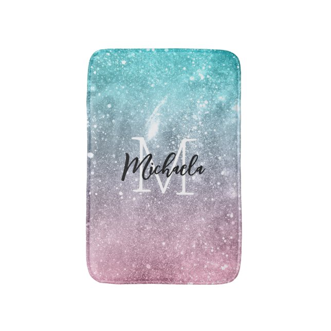 Aqua blue Pink ombre sea galaxy abstract Monogram Bath Mat (Front Vertical)