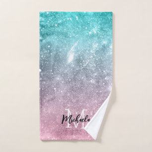 Aqua blue Pink ombre sea galaxy abstract Monogram Bath Towel Set