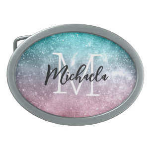 Aqua blue Pink ombre sea galaxy abstract Monogram Belt Buckle